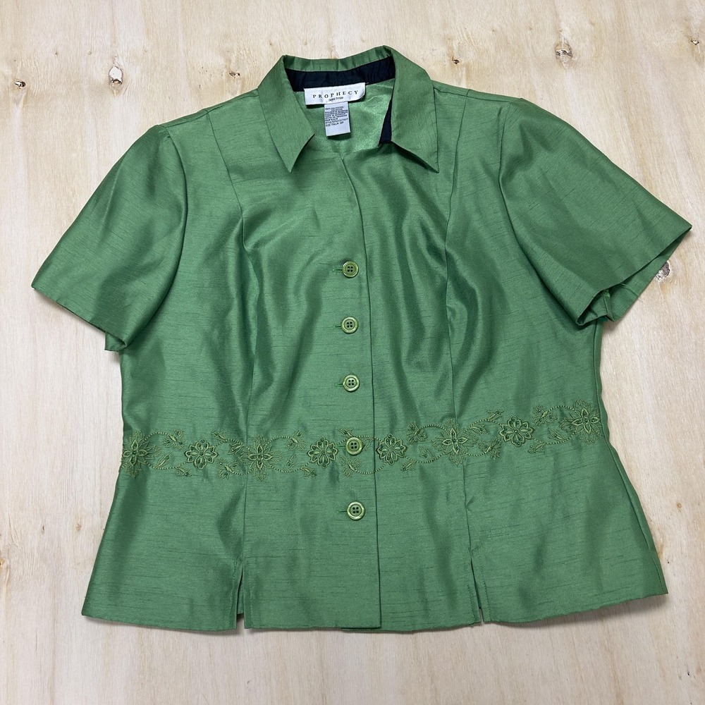 Vintage Prophecy Blouse Womens 14P Green Embroidered Button Front Short Sleeve